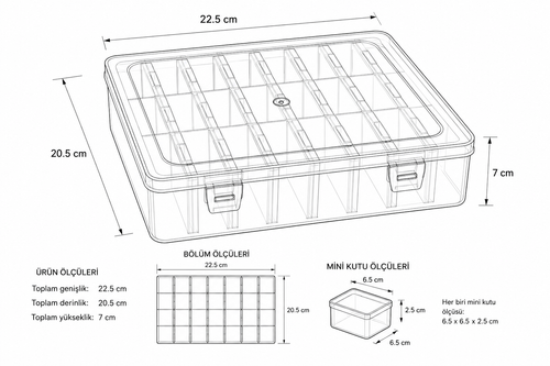 P-SERİSİ PB1 – Büyük Şeffaf Plastik Modüler Organizer Kutu (22.5x20.5x7.5 cm)