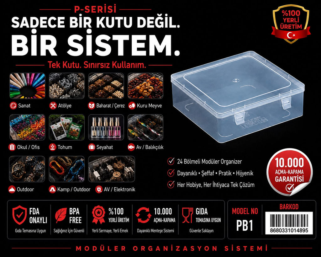 P-SERİSİ PB1 – Büyük Şeffaf Plastik Modüler Organizer Kutu (22.5x20.5x7.5 cm)