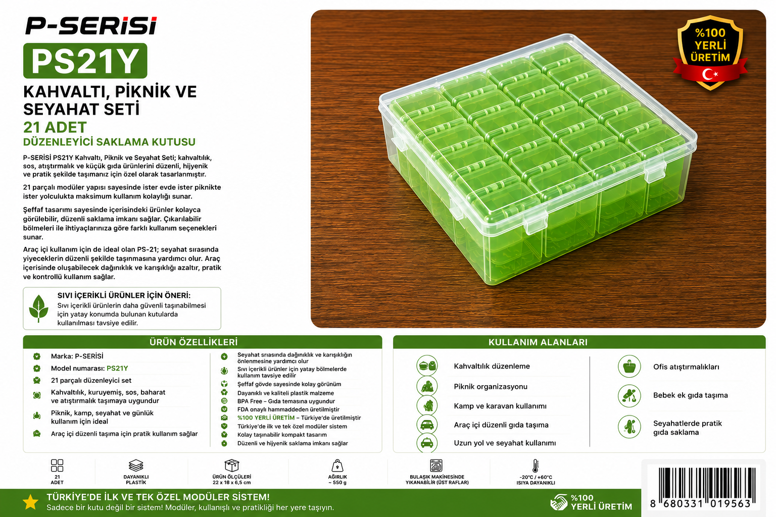 P-SERİSİ PS21Y Yeşil Kahvaltı Piknik ve Seyahat Seti