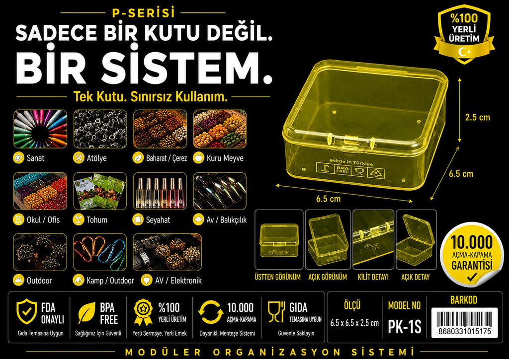P-SERİSİ PK-10S şeffaf sarı plastik organizer kutu 10'lu set 6.5x6.5x2.5 cm
