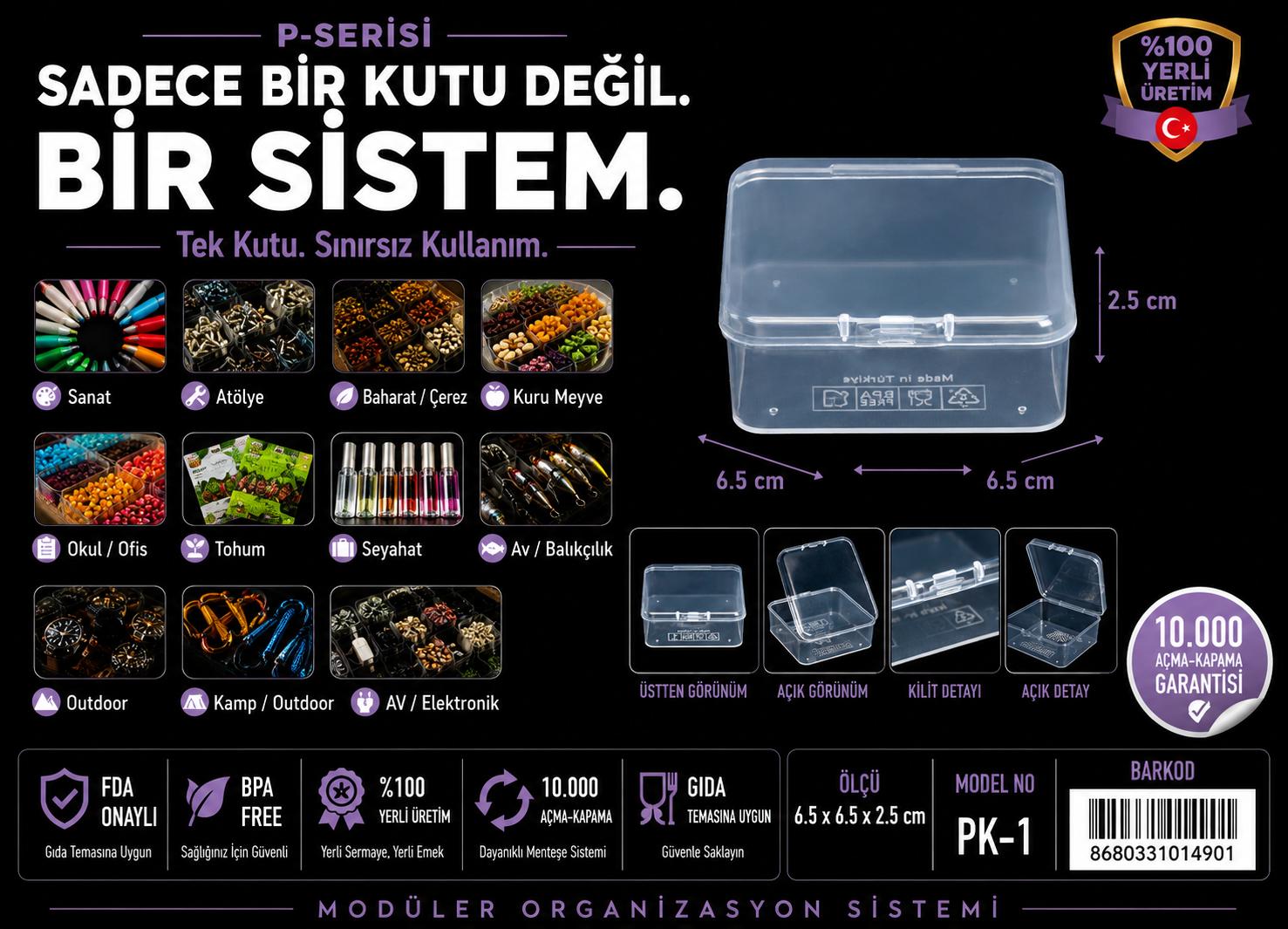 P-SERİSİ PK-30 şeffaf plastik organizer kutu 30'lu set 6.5x6.5x2.5 cm