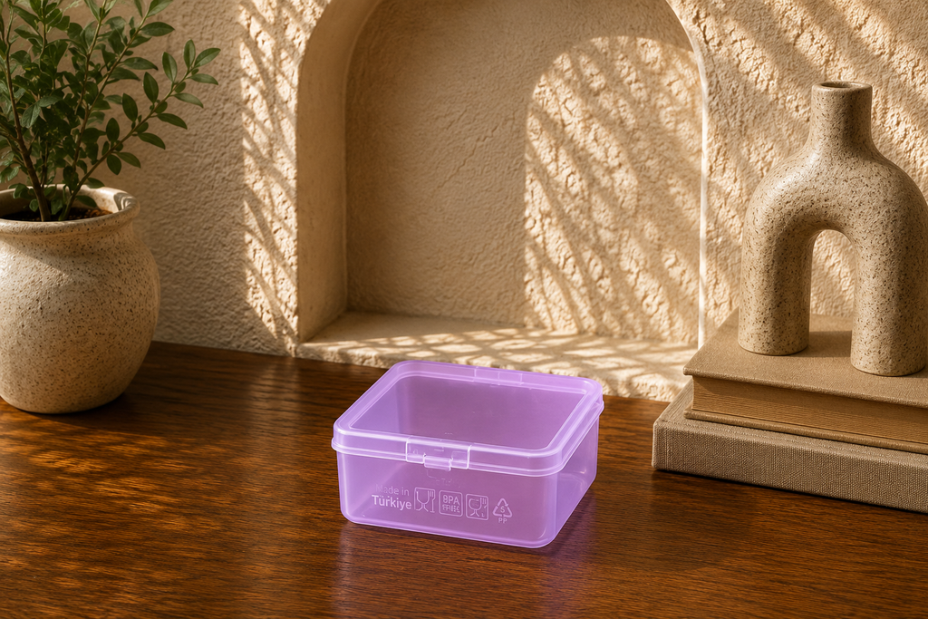 P-SERİSİ PK-100L Plastik Şeffaf Lila Organizer Kutu – 100'lü Set (6.5x6.5x2.5 cm)