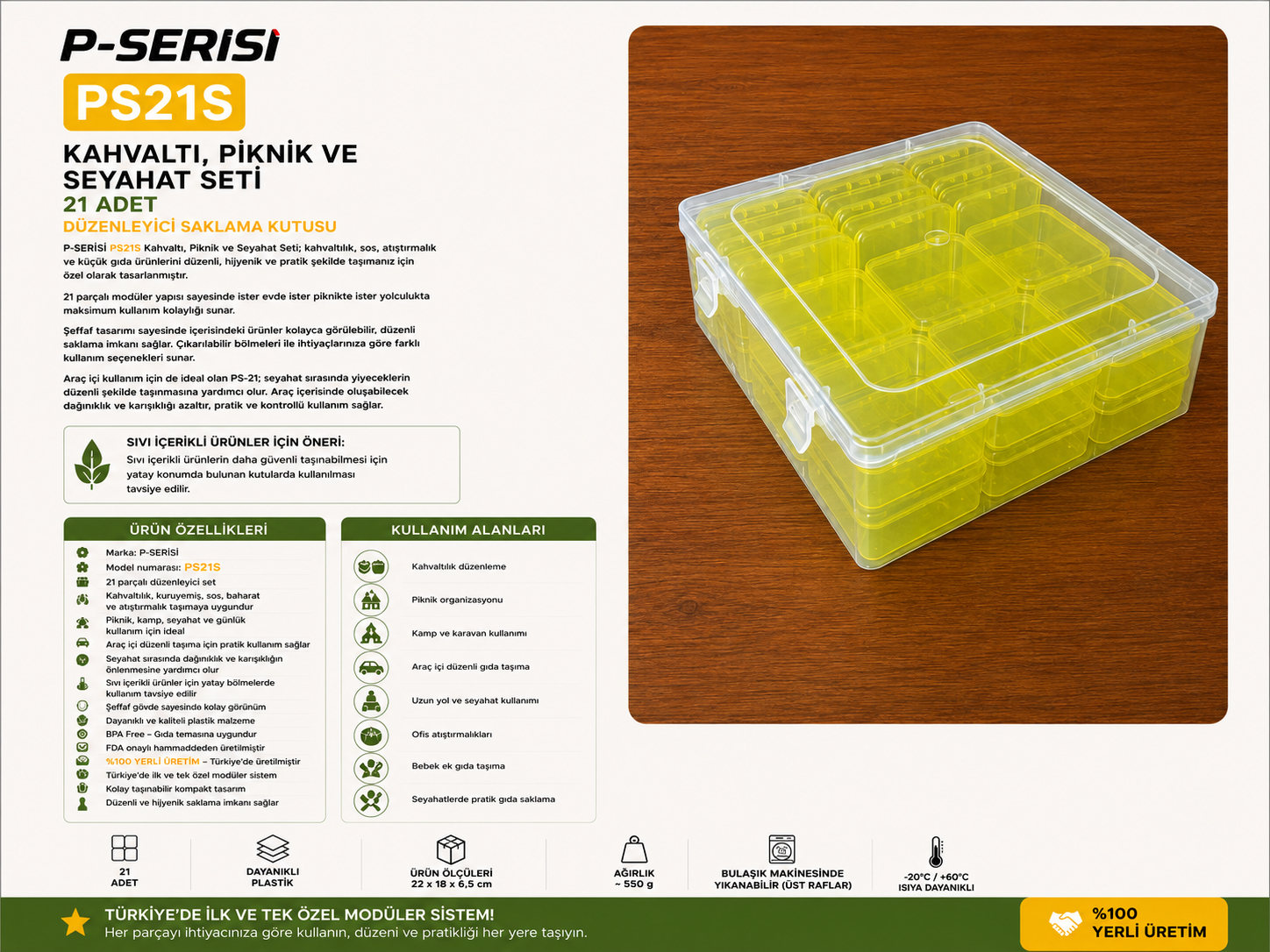 Sarı Kahvaltı, Piknik ve Seyahat Seti – 21 Parça Modüler Organizer | P-SERİSİ
