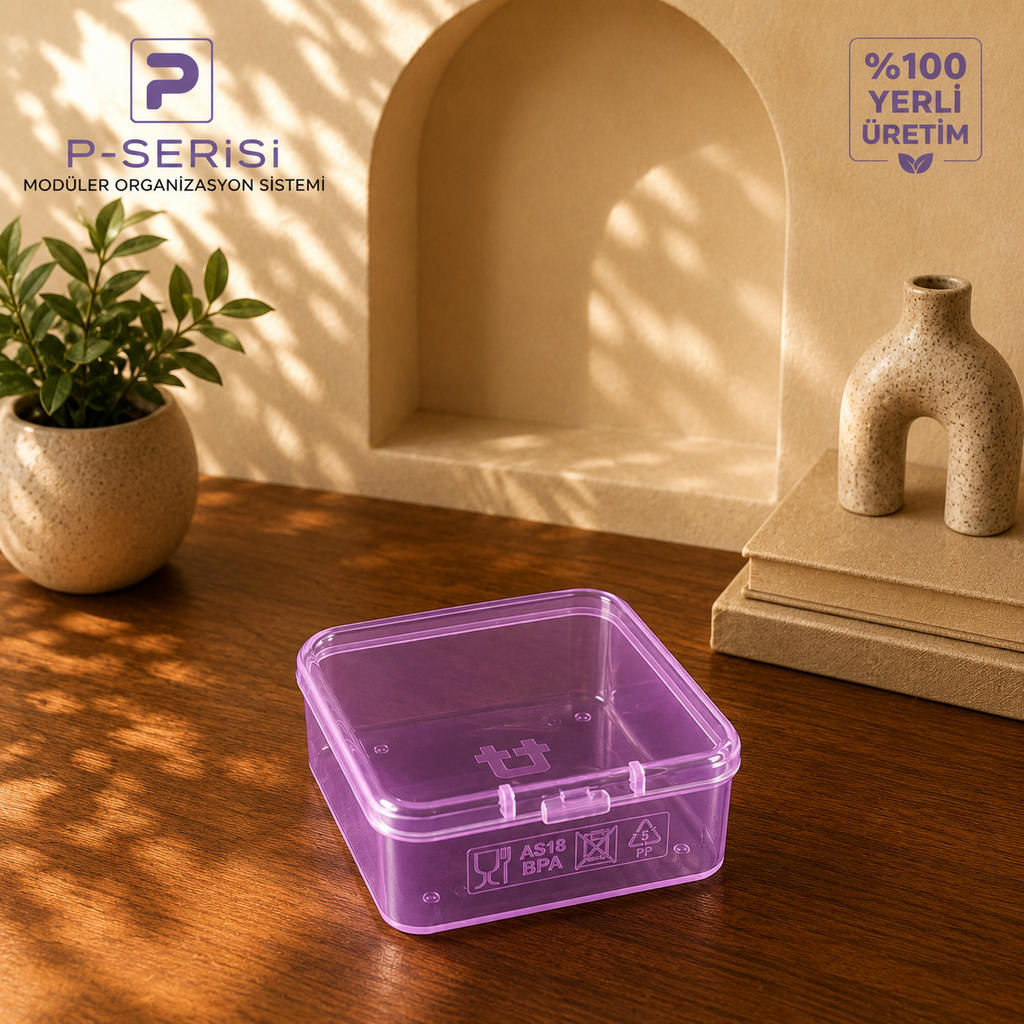 P-SERİSİ PK-20P Plastik Şeffaf Pembe Organizer Kutu – 20'li Set (6.5x6.5x2.5 cm)